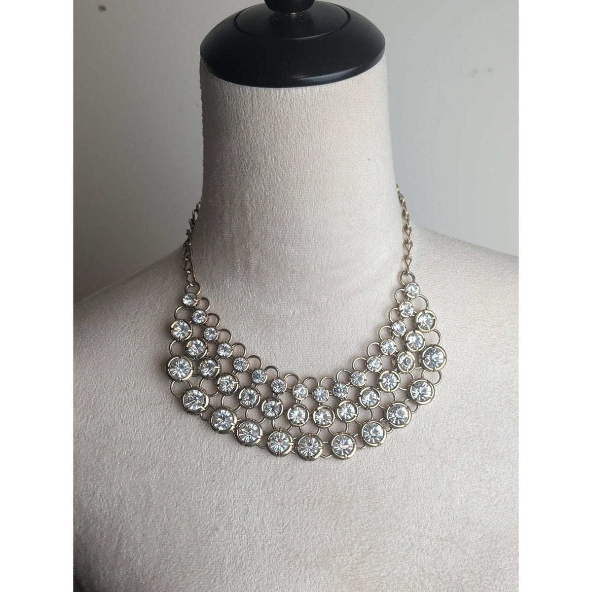 Vintage Crystal Multi-Row Statement Necklace - Gold Tone Glam