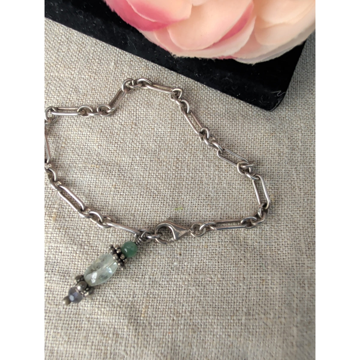 Sterling Silver Artisan Paperclip Chain Bracelet Mixed Gemstone Dangle 6.75