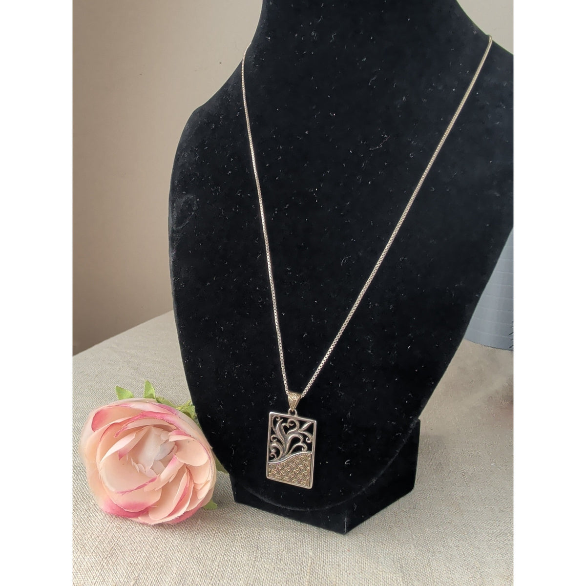 eSBe Designs Sara Blaine 925 Sterling Silver Brass Pendant Vintage Italy Box Chain Necklace 7g