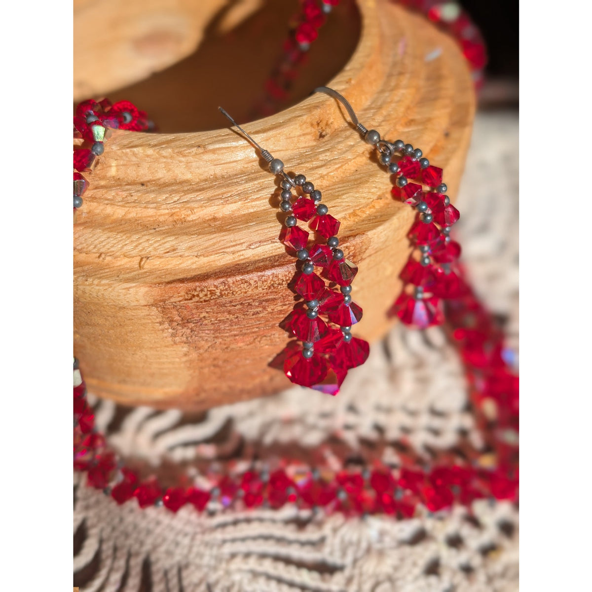 Swarovski Red AB Crystal Demi Parure Set Woven Chevron Necklace Hook Earrings 925