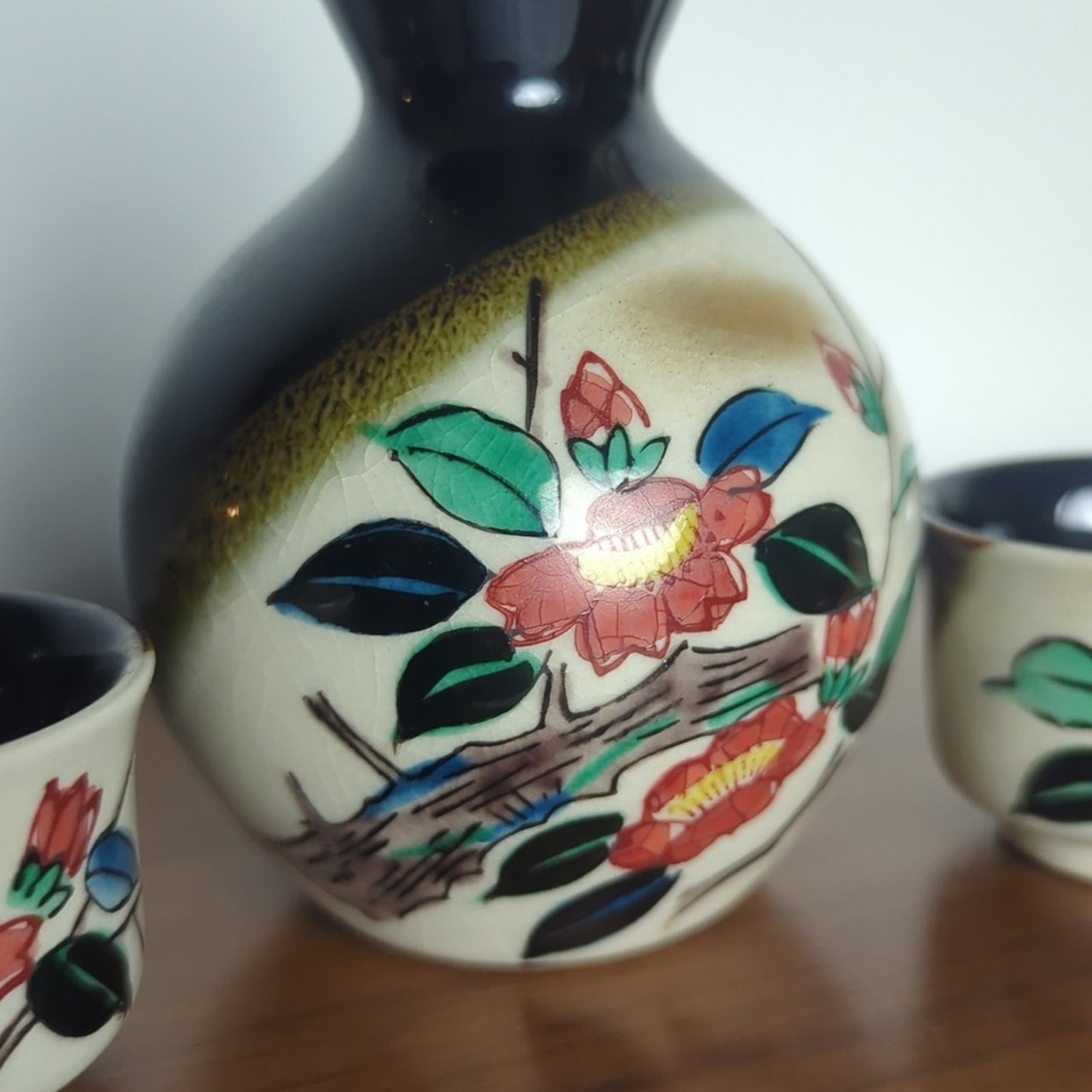 Vintage Japanese Sake Set | Hand Painted Tokkuri Bottle + 2 Ochoko Cups