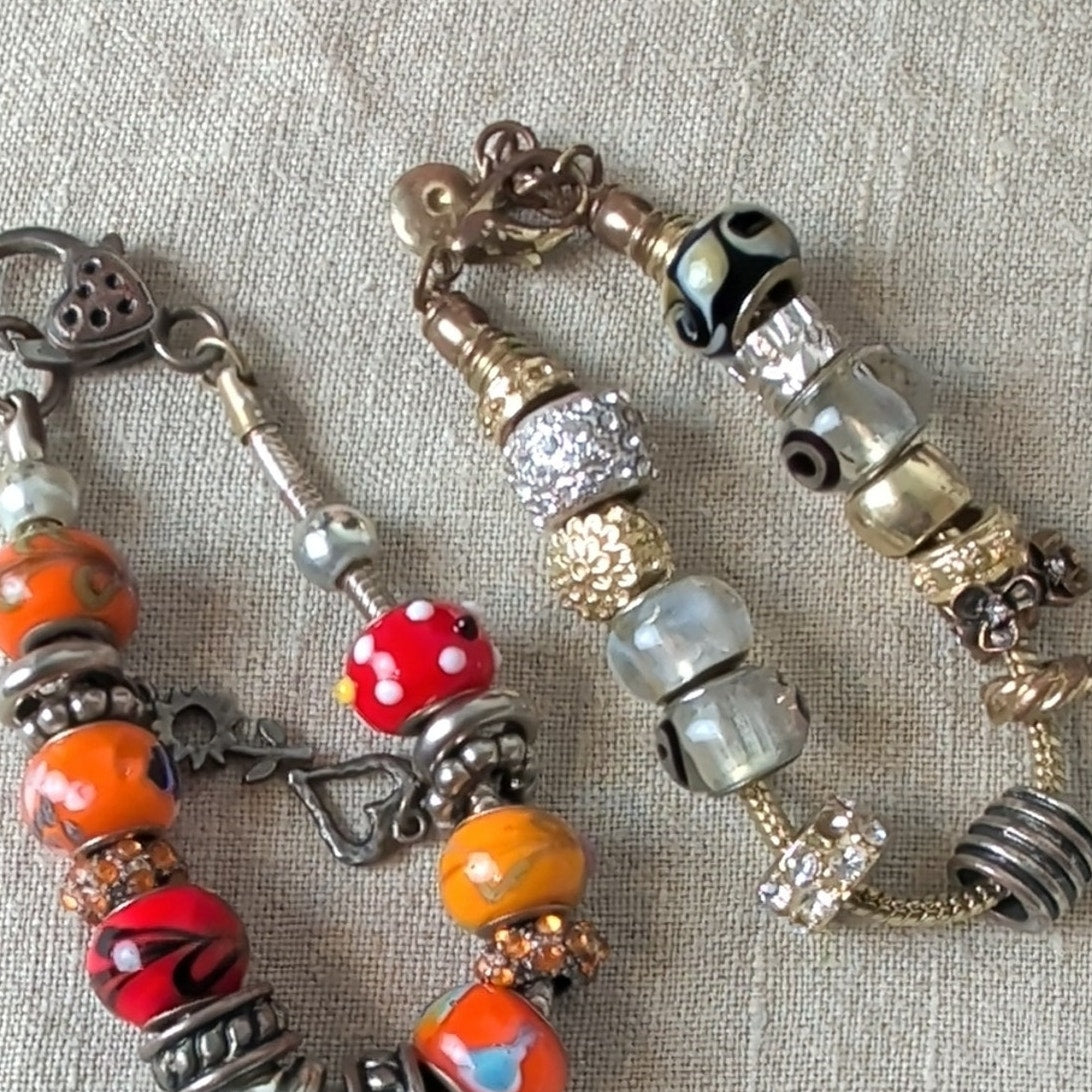 Y2K Colorful Glass Bead Charm Bracelets - Orange, Red, Gold, Clear