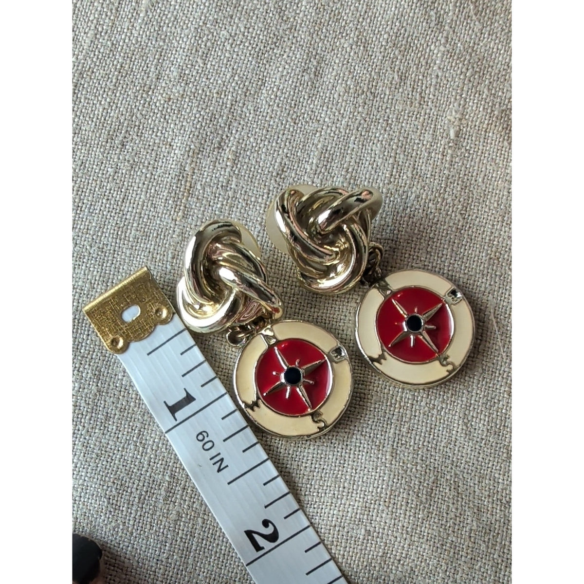 Vintage Gold Tone Nautical Compass Earrings Enamel Love Knot Dangle & Hoop Set
