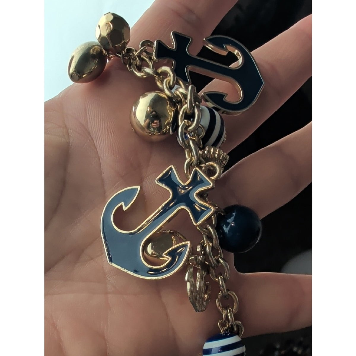 Vintage Y2K Nautical Charm Necklace Gold Tone Anchors Ship Wheel Coastal