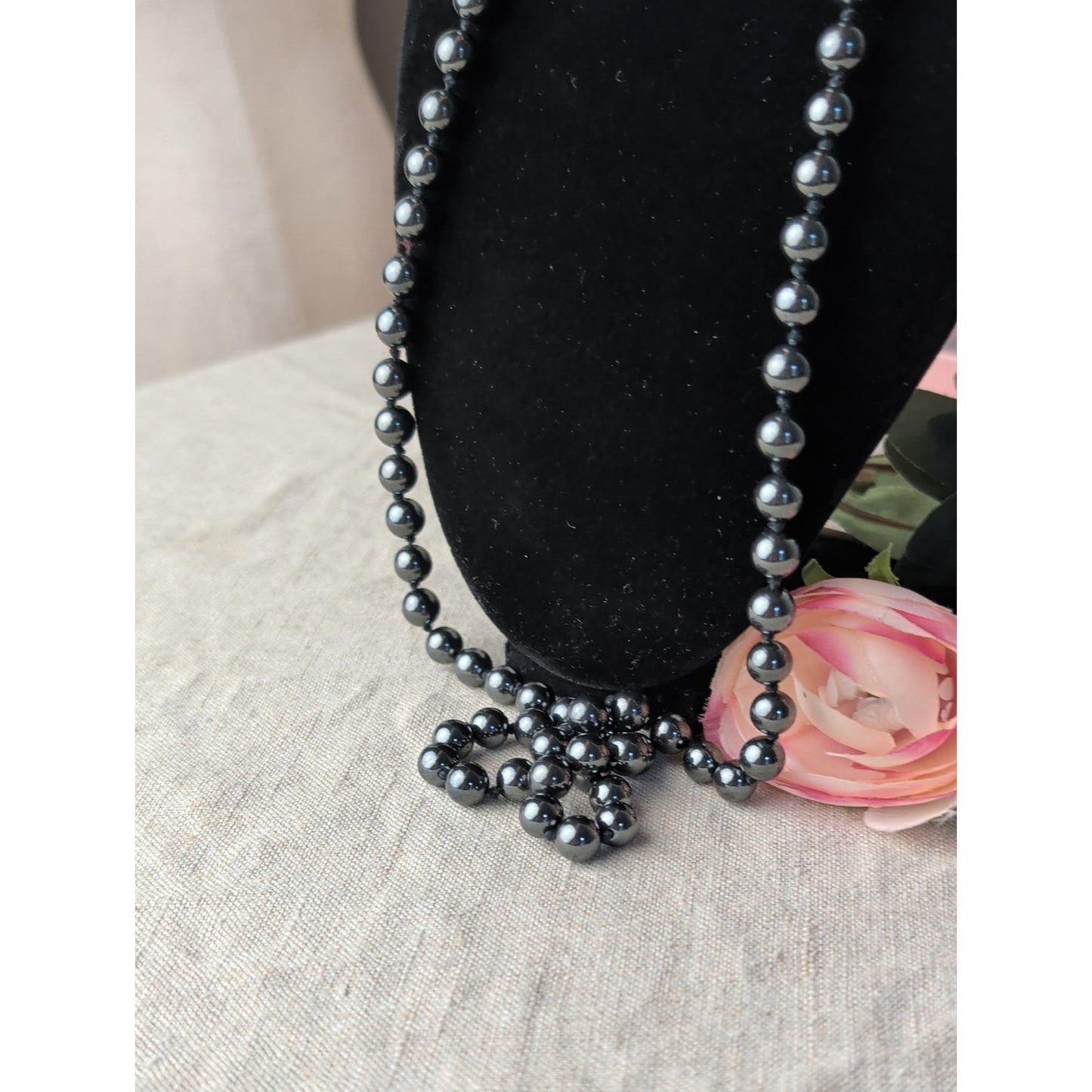 Vintage Natural Hematite Beaded Necklace Individually Hand-Knotted Gunmetal