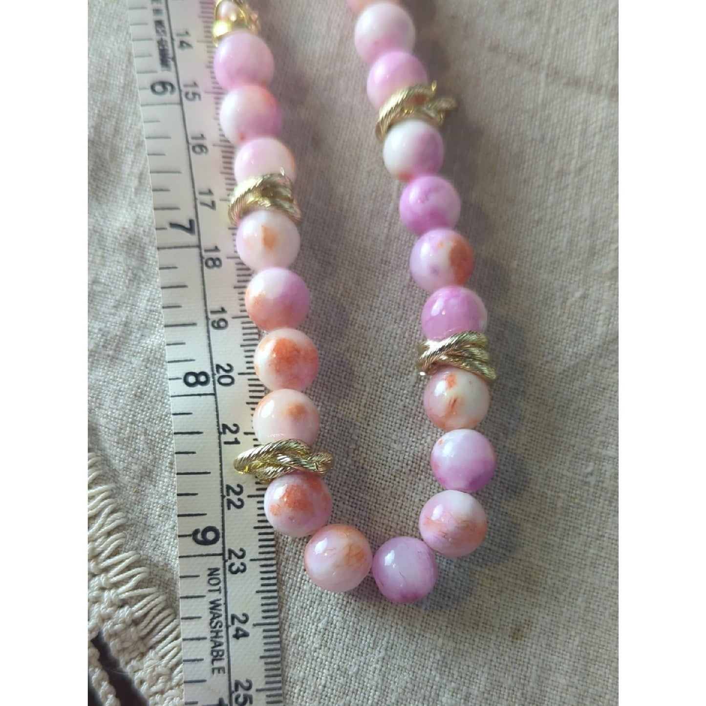 Vintage Pink Marbled Glass Bead Necklace Set Gold Accent Soft Glam Coquette Girl
