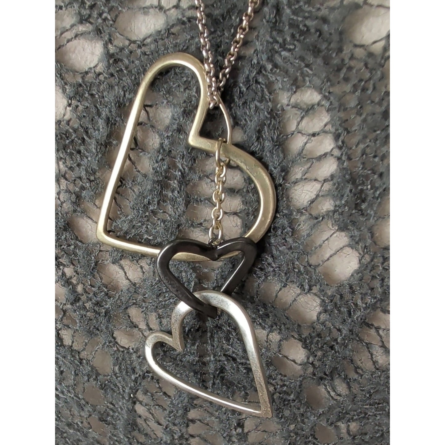 Vintage Fossil Three-Tone Heart Necklace Gold Silver & Gunmetal Hearts Charms