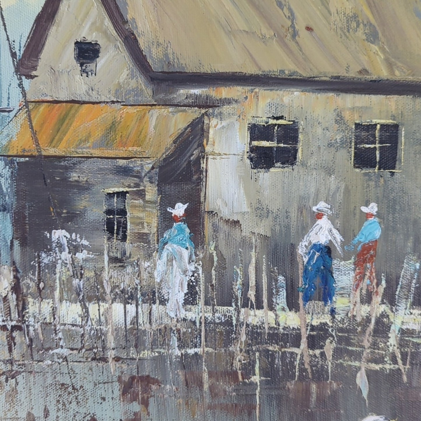 Vintage Harbor Village Oil Painting on Canvas Signed Framed Coastal European