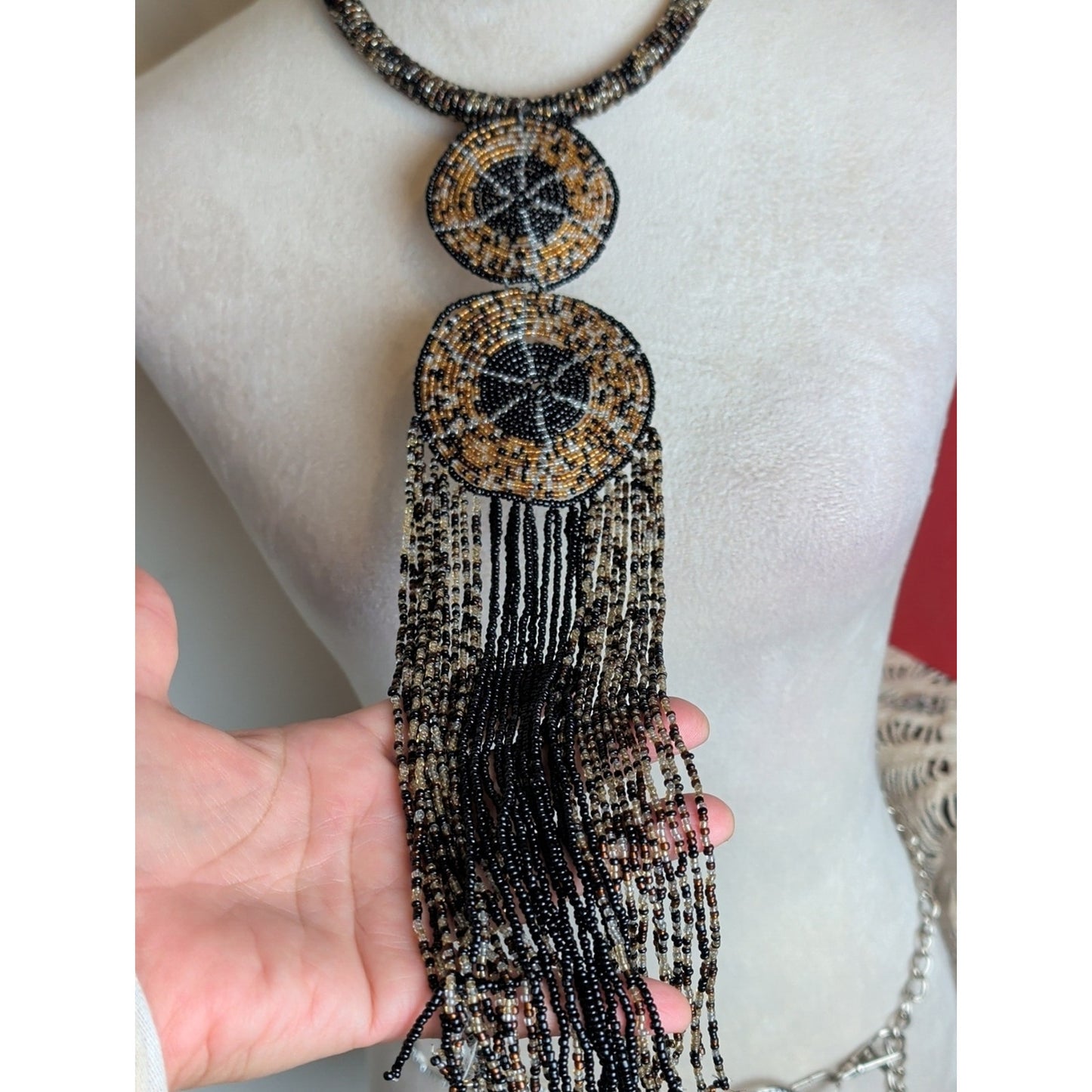 Handcrafted Beaded Fringe Statement Necklace Tribal Boho Luxe Wearable Art