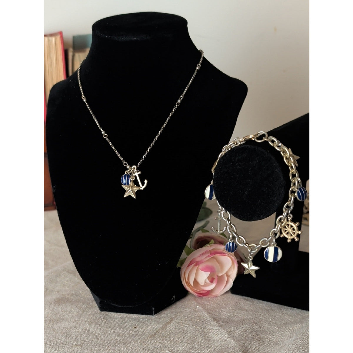 Lia Sophia Nautical Charm Necklace & Bracelet Set Coastal Prep Maritime Jewelry
