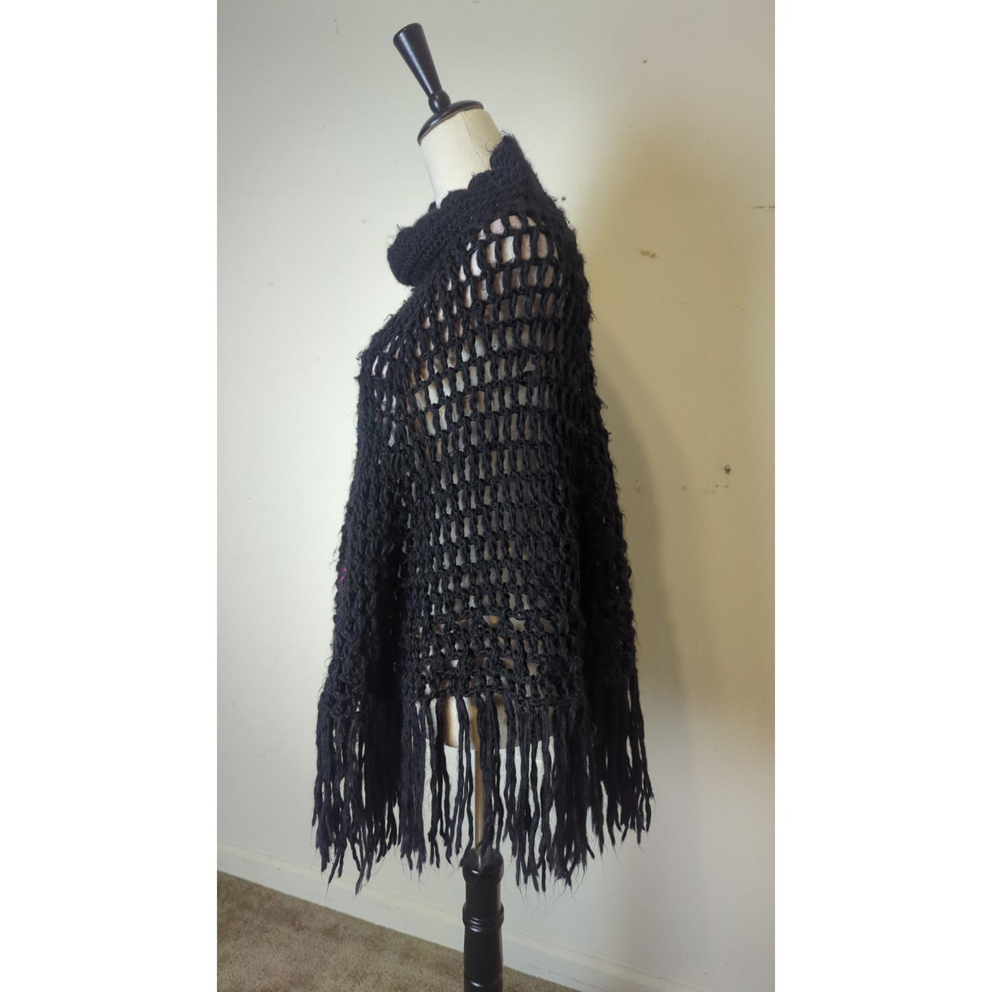 Fairy Grunge Black Open Knit Fringe Poncho Women's Medium