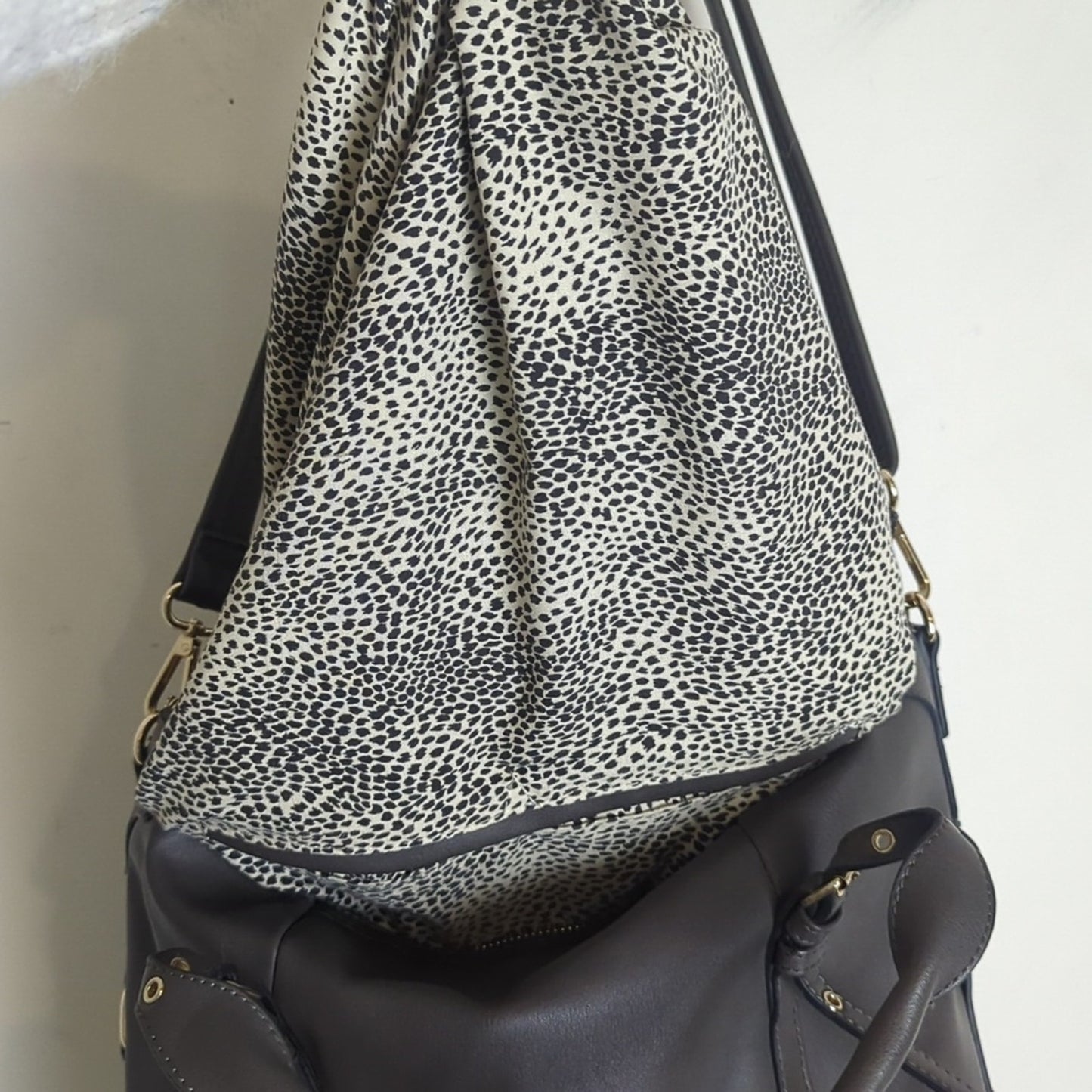 Vegan Leather Shoulder Hobo Bag Tote Charcoal Grey Animal Print Interior