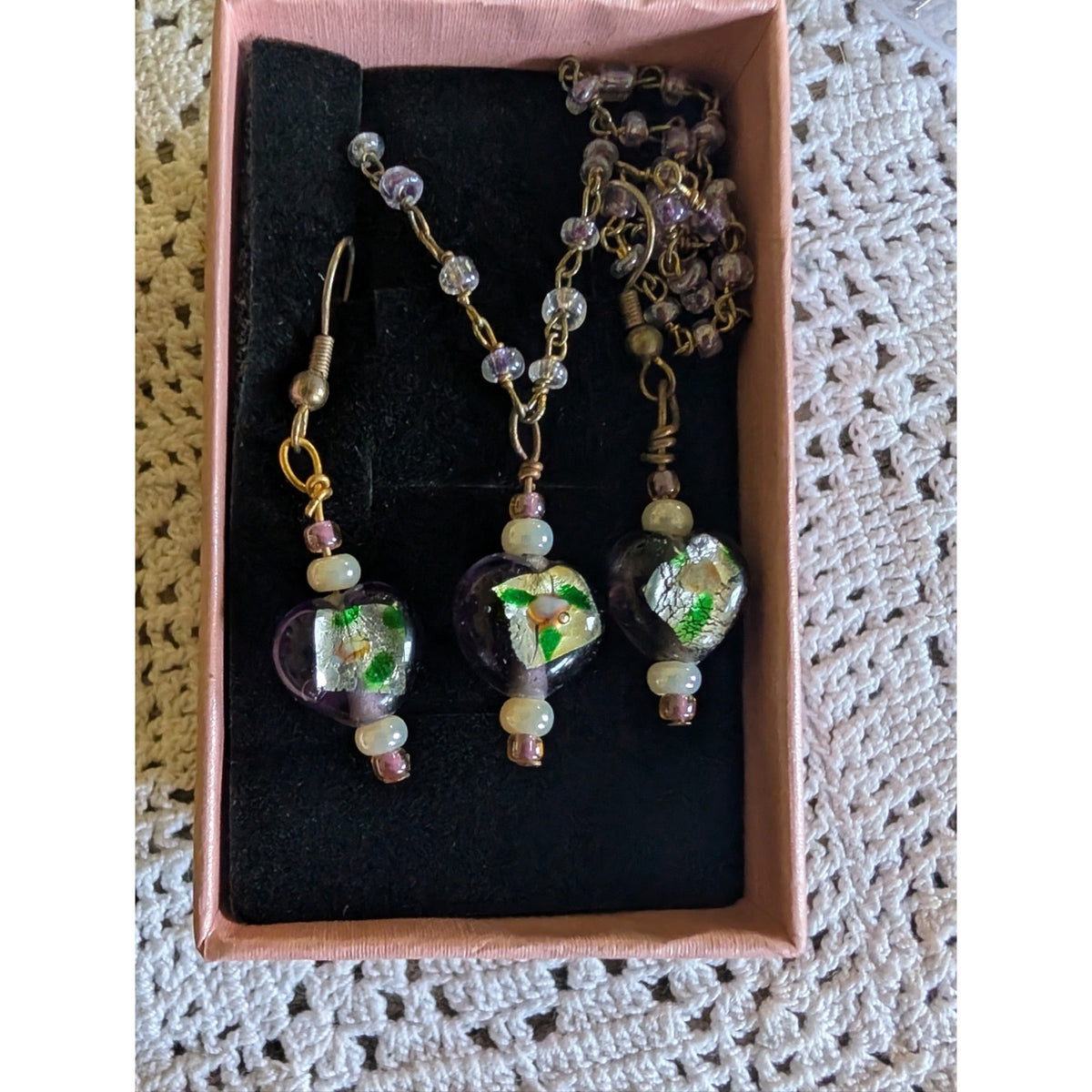 Artisan Lampwork Glass Necklace & Earrings Set Murano Inspired Purple