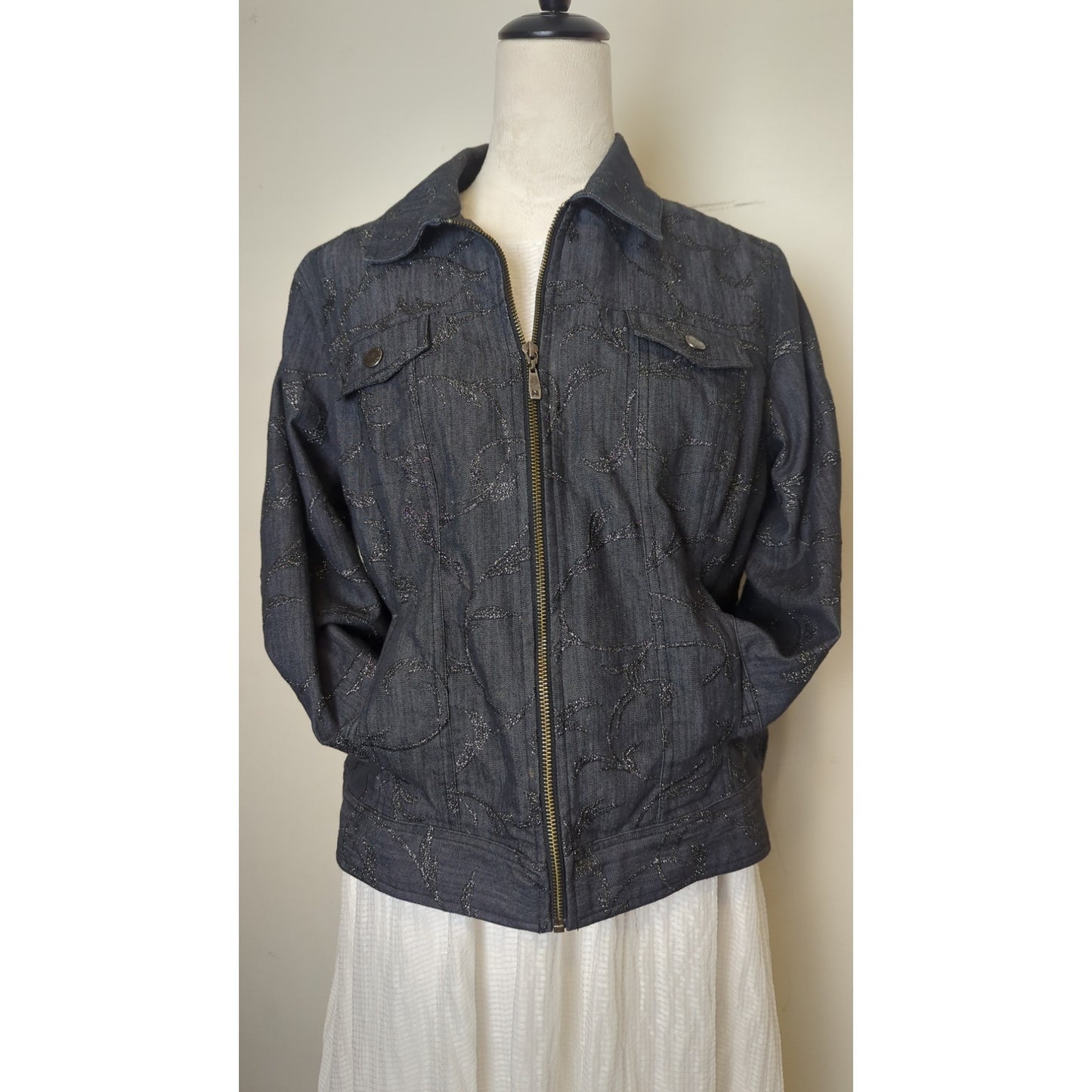 Boho Chic Dark Zip Up Denim Jacket Whimsical Embroidered Embellishment Size 12