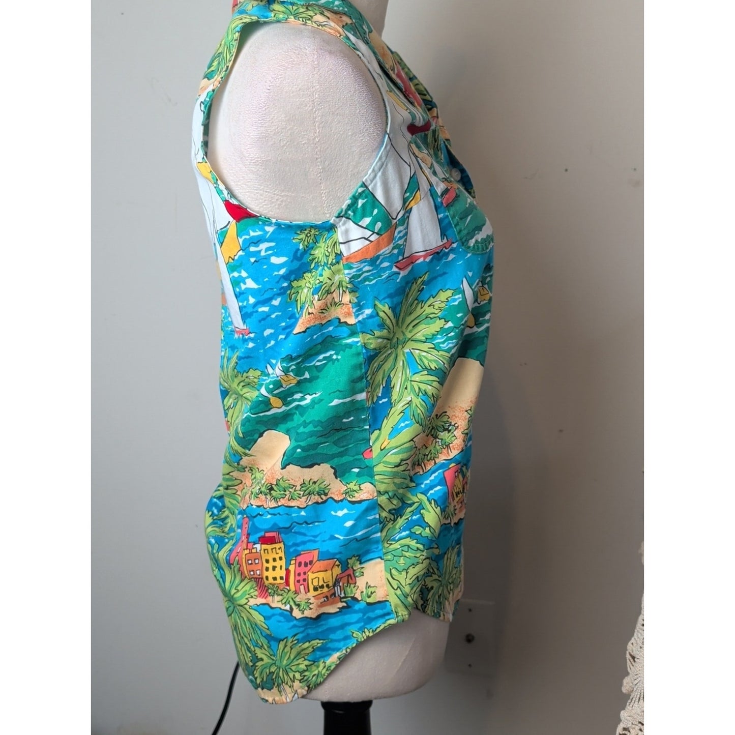 Vintage Bushwacker Sailboat Island Print Sleeveless Popover Top 90s Coastal