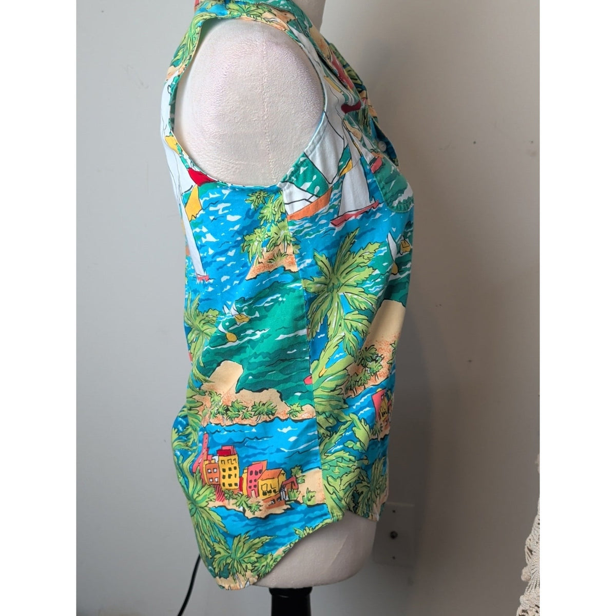 Vintage Bushwacker Sailboat Island Print Sleeveless Popover Top 90s Coastal