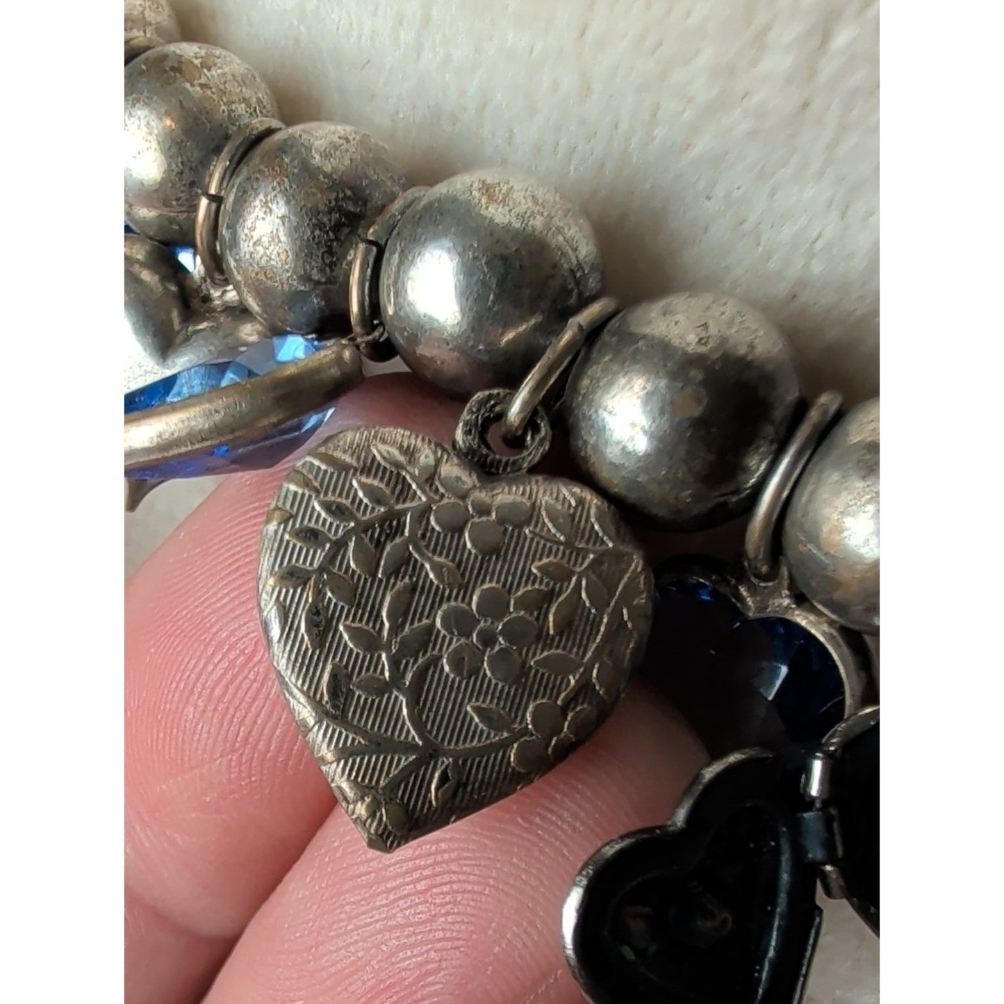 Vintage Artisan Heart Charm Necklace Sterling Accent Blue Faceted Glass