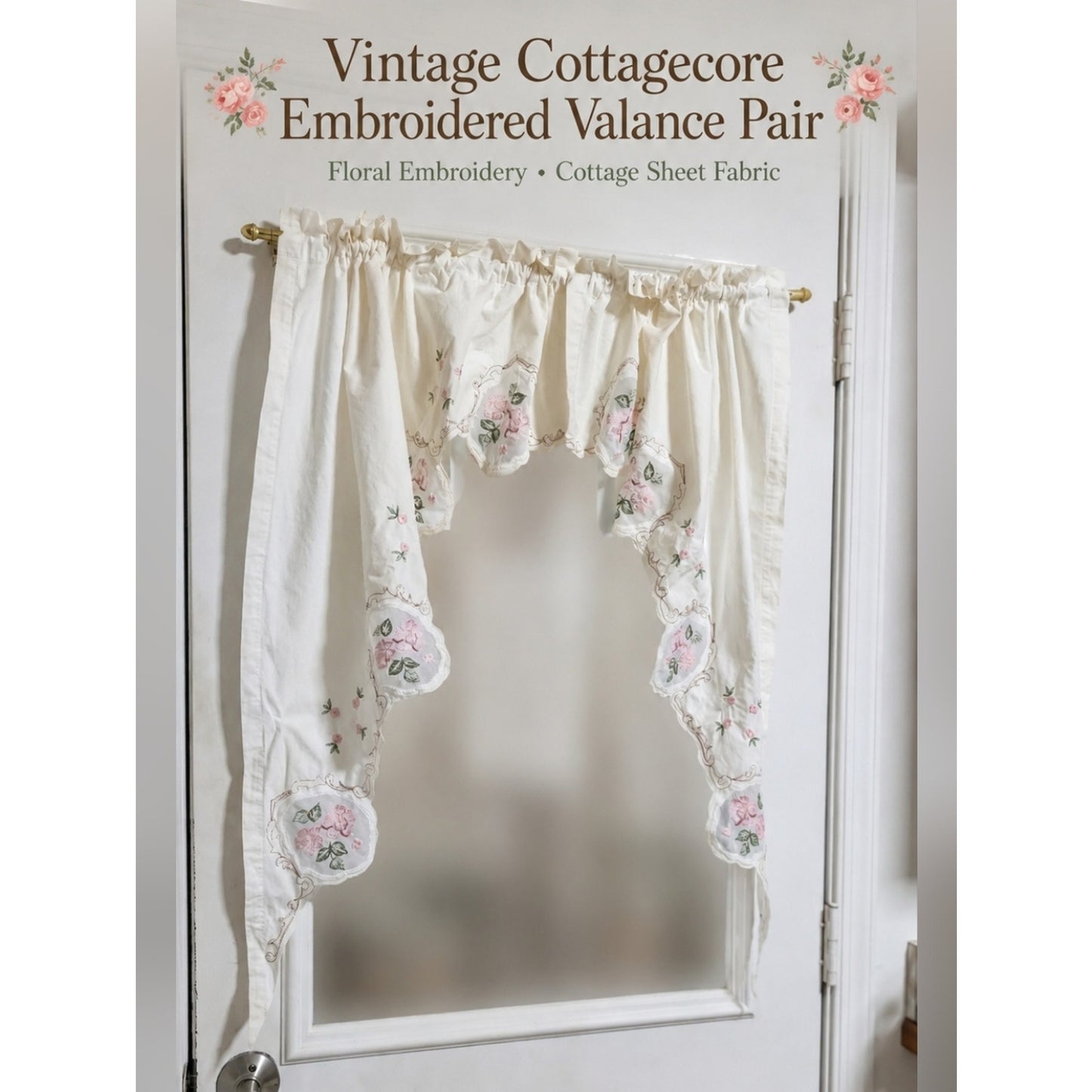 Vintage Cottage Chic Embroidered Valance Pair Romantic Floral Curtain 2 Panels