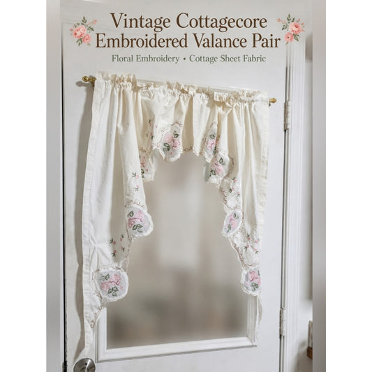 Vintage Cottage Chic Embroidered Valance Pair Romantic Floral Curtain 2 Panels