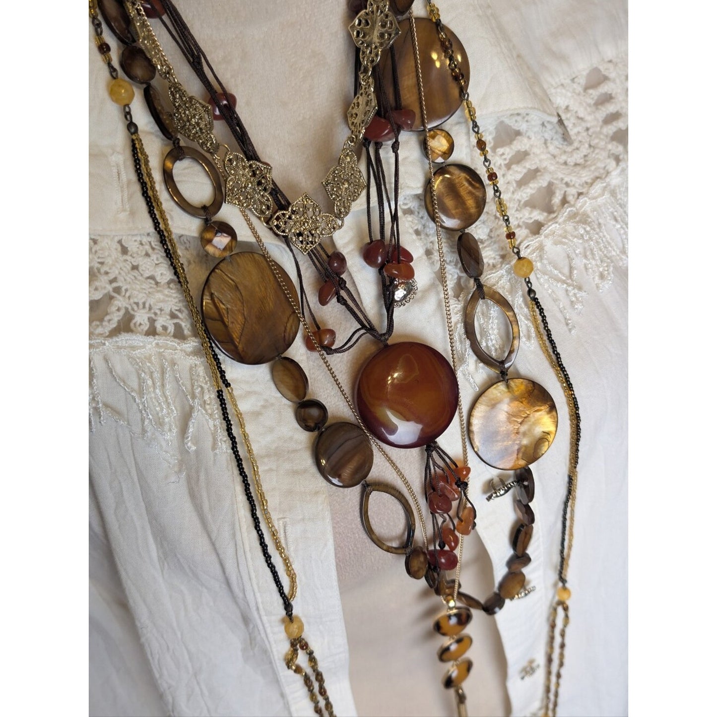 Curated Boho Luxe Necklace Collection 5 Layered Necklaces Agate, Shell, Glass
