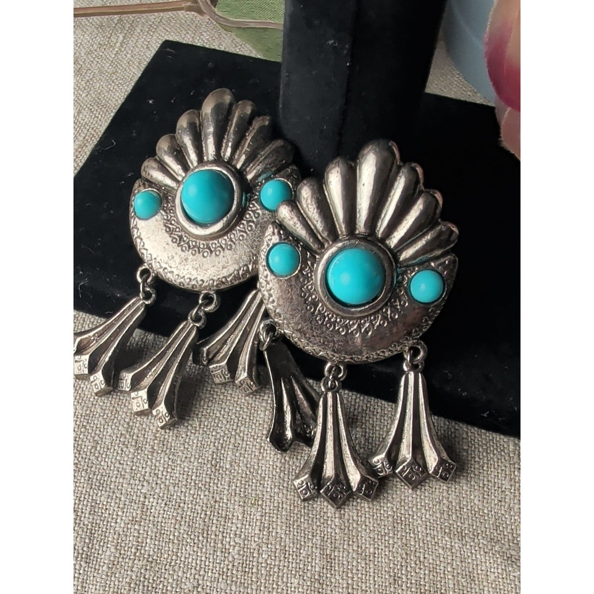 Vintage 90s Southwestern Turquoise Statement Clip On Earrings Silver Tone Dangle