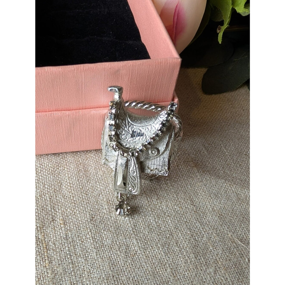 Western Saddle Scarf Slide Ring Silver Tone Rhinestone Cowgirl Equestrian