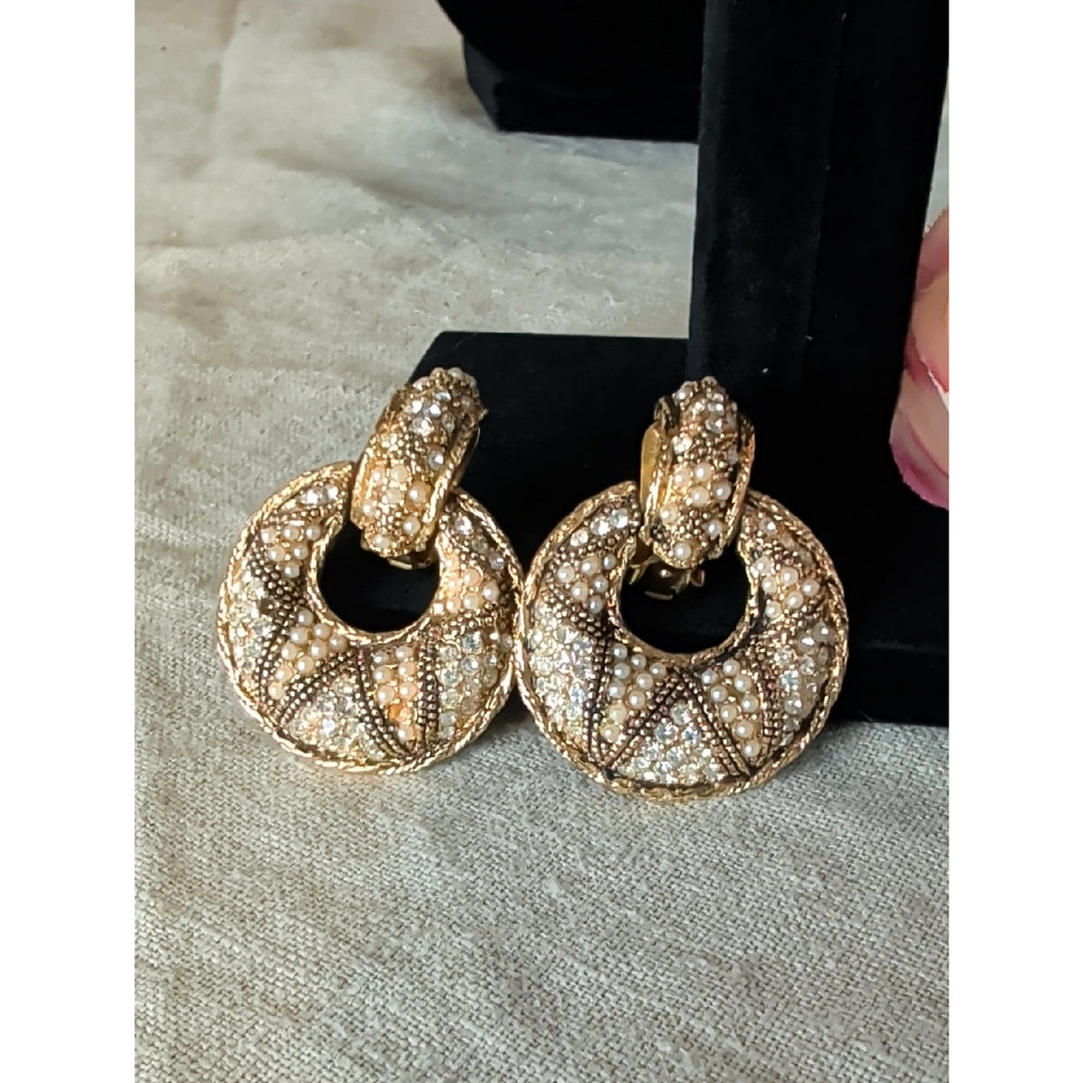 Vintage Bergere Faux Pearl Rhinestone Clip On Earrings Gold Tone Regency Glam