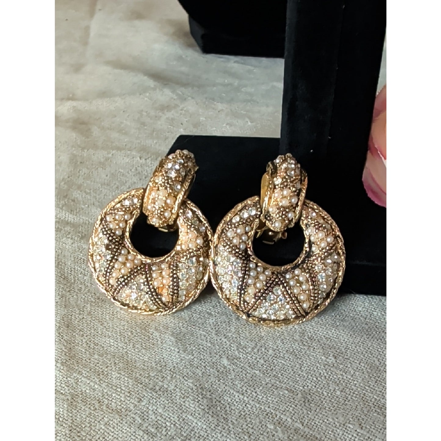 Vintage Bergere Faux Pearl Rhinestone Clip On Earrings Gold Tone Regency Glam