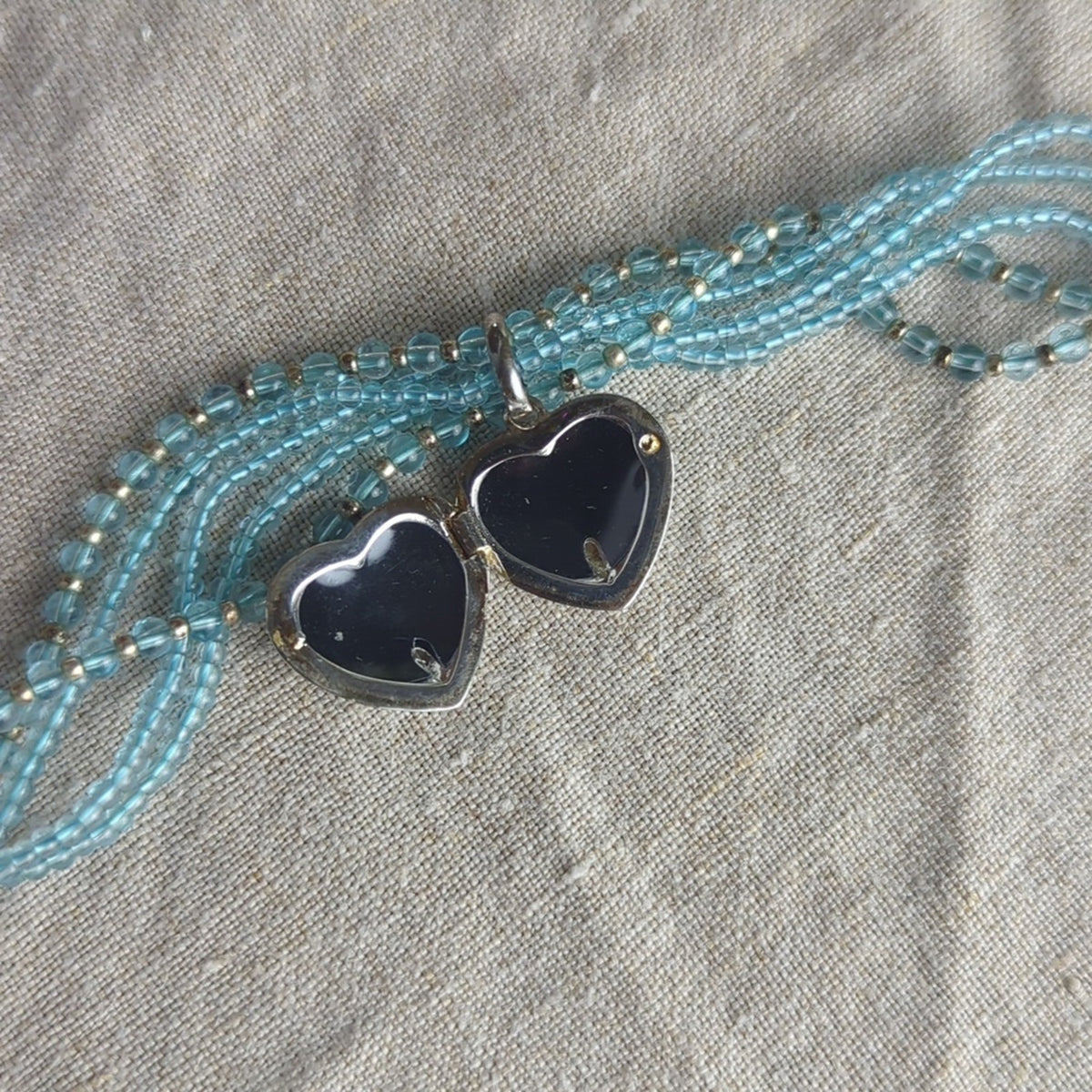 Vintage Blue Glass Beaded Bracelet Heart Locket Multi Strand