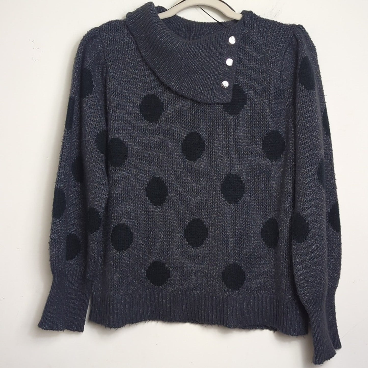 Gray and Black Polka Pullover Sweater Balloon Sleeves Women's XL