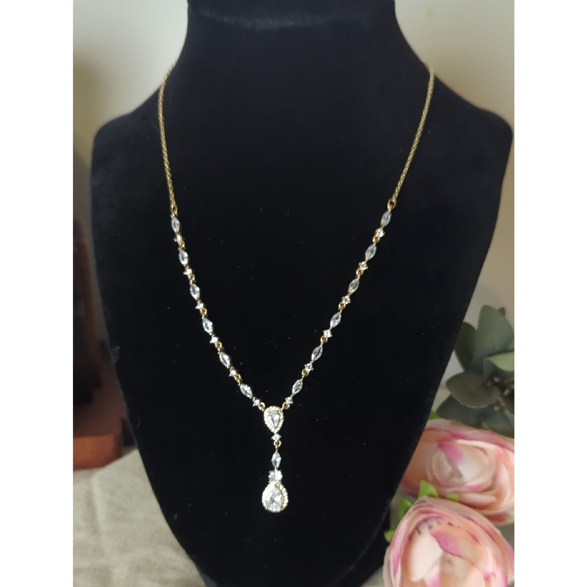 Gold Tone CZ Vine Drop Necklace  Soft Glam Bridal Inspired  Romantic Statement