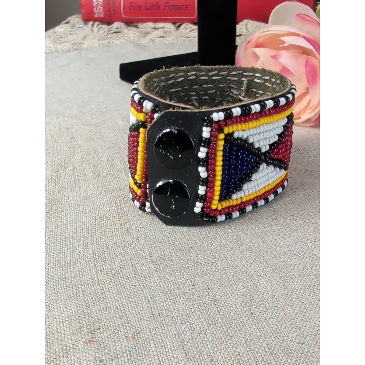 Southwestern Beaded Leather Cuff Bracelet Aztec Style Geometric Pattern