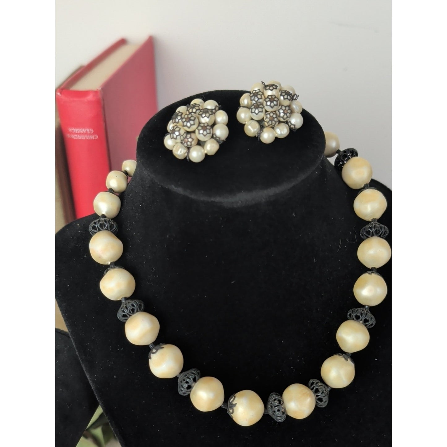 Signed Laguna Faux Pearl Necklace & Clip Earring Set Vintage 1950s Mid-Century