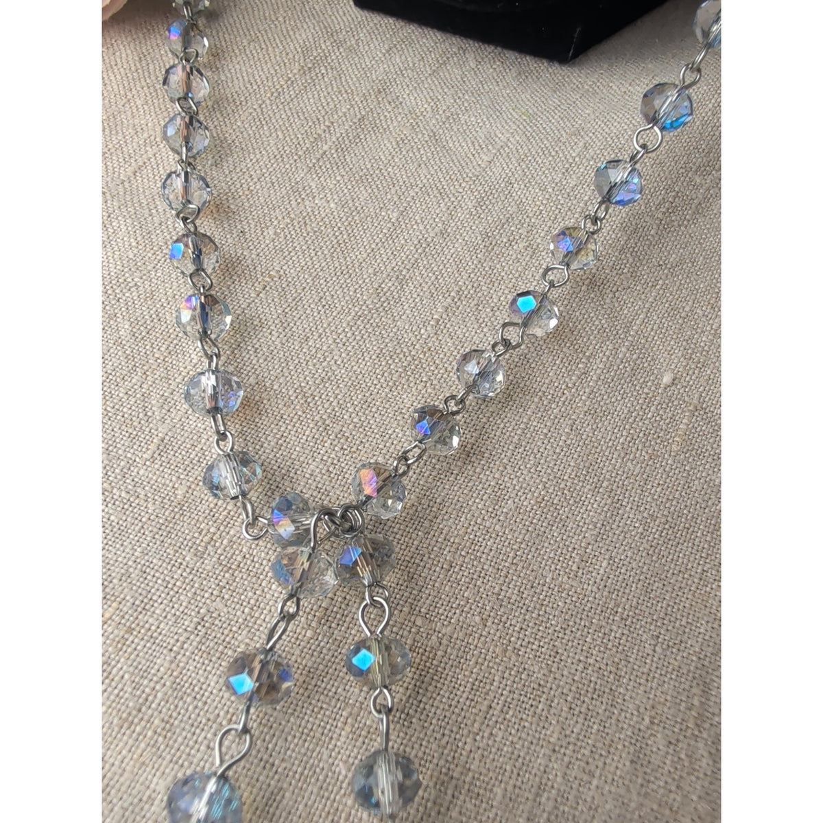 Beautiful Icy Blue AB Crystal Beaded Necklace Seed Bead Tassels 42"
