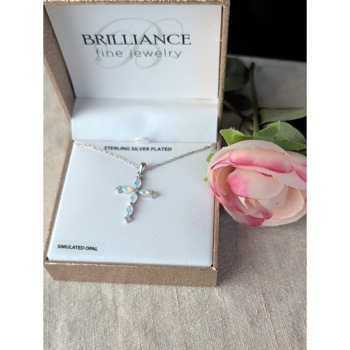 Brilliance Fine Jewelry Simulated Opal Cross Necklace Sterling Silver Plated