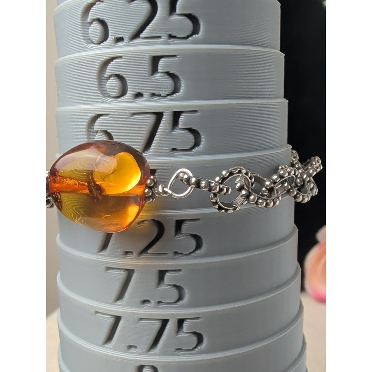 Dreamy 925 Sterling Silver Amber Bracelet Cognac Artisan Statement Jewelry 7"