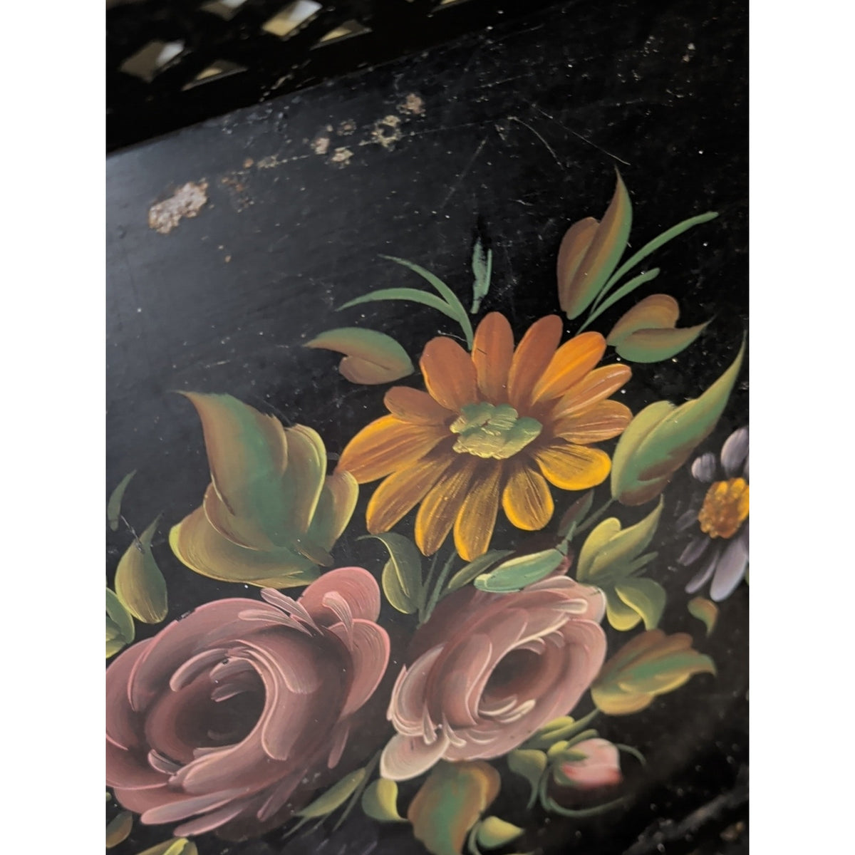 Vintage Tashco Hand Painted Toleware Tray 20” Floral Black Metal Pierced Edge