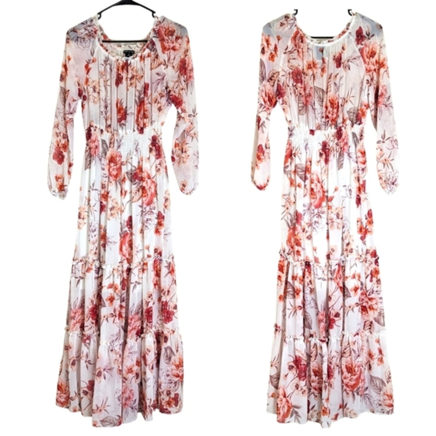 Maxi Floral Semi-Sheer Boho Chic Ruffled Smocked Dress Women's Size 6