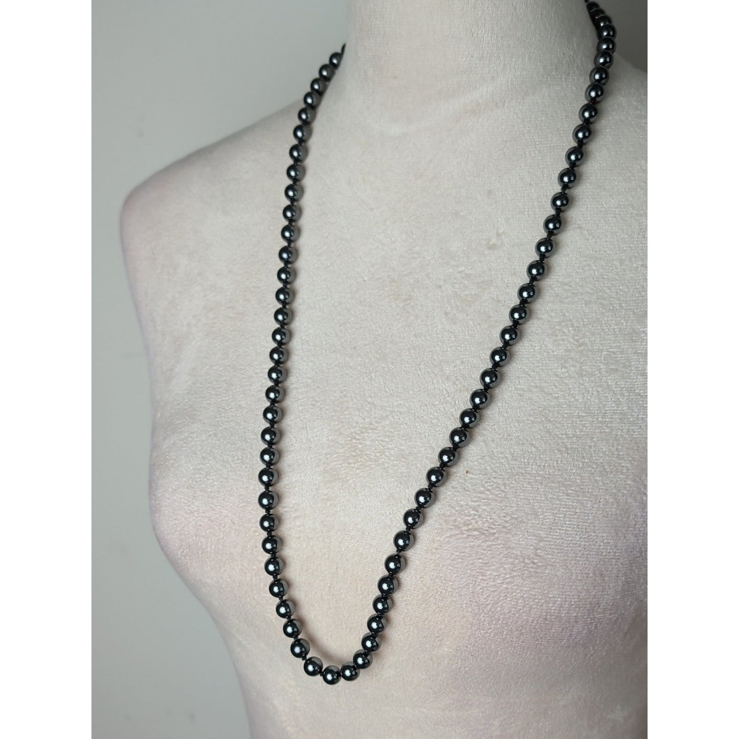 Vintage Natural Hematite Beaded Necklace Individually Hand-Knotted Gunmetal