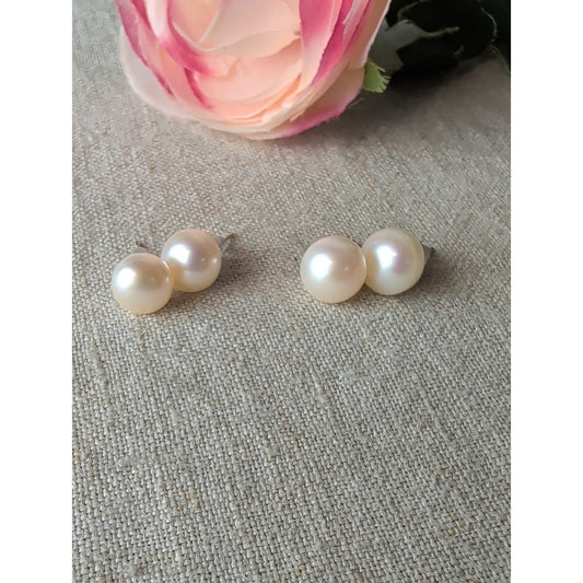 Genuine Pearl Sterling Silver Stud Earrings 2 Pair Set Classic Fine Jewelry
