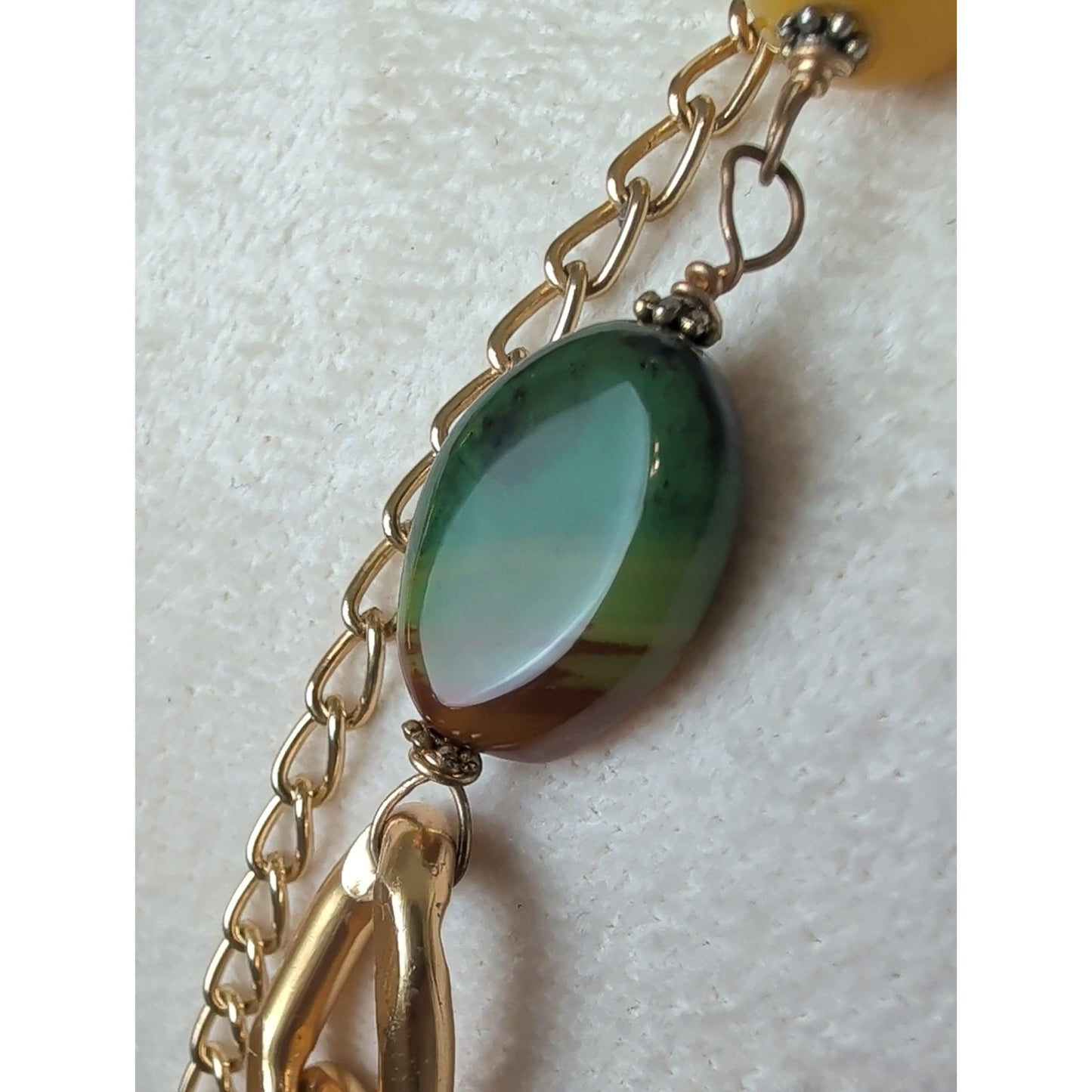 Gold Tone Statement Necklace with Genuine Green Agate & Glass Beads Asymmetric