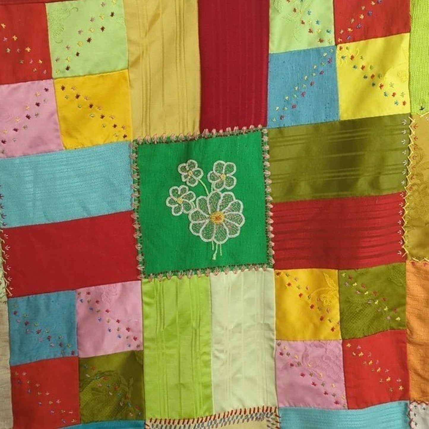 Crazy Quilt Large Rare Vintage Patchwork Quilt Embroidered Gold Satin Back 58x88