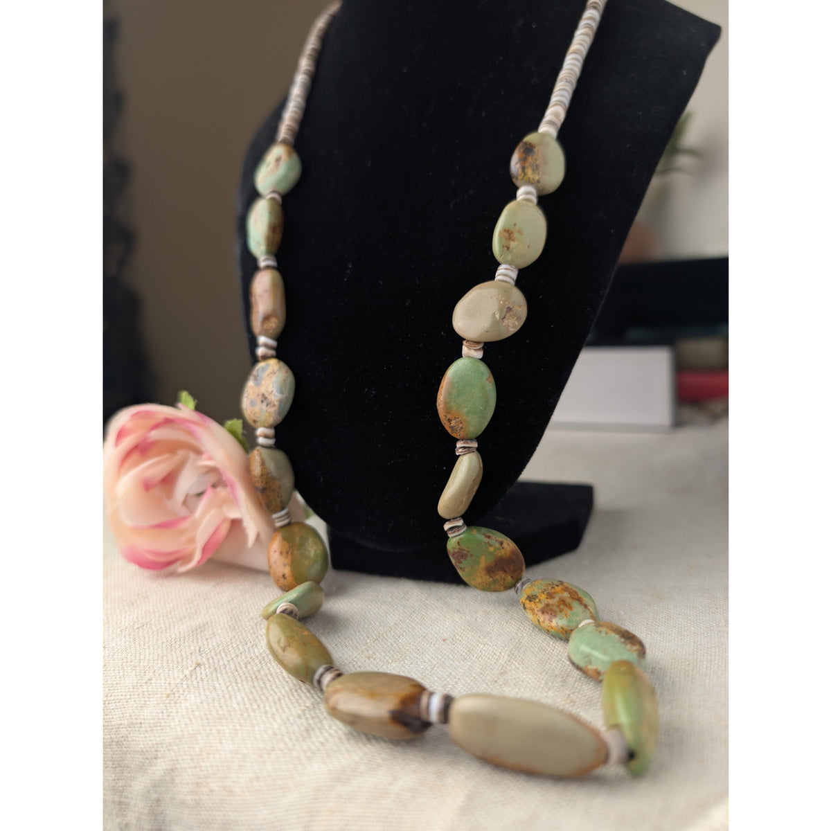 Vintage Navajo Royston Green Turquoise Nugget Shell Heishi Necklace 74g 29"