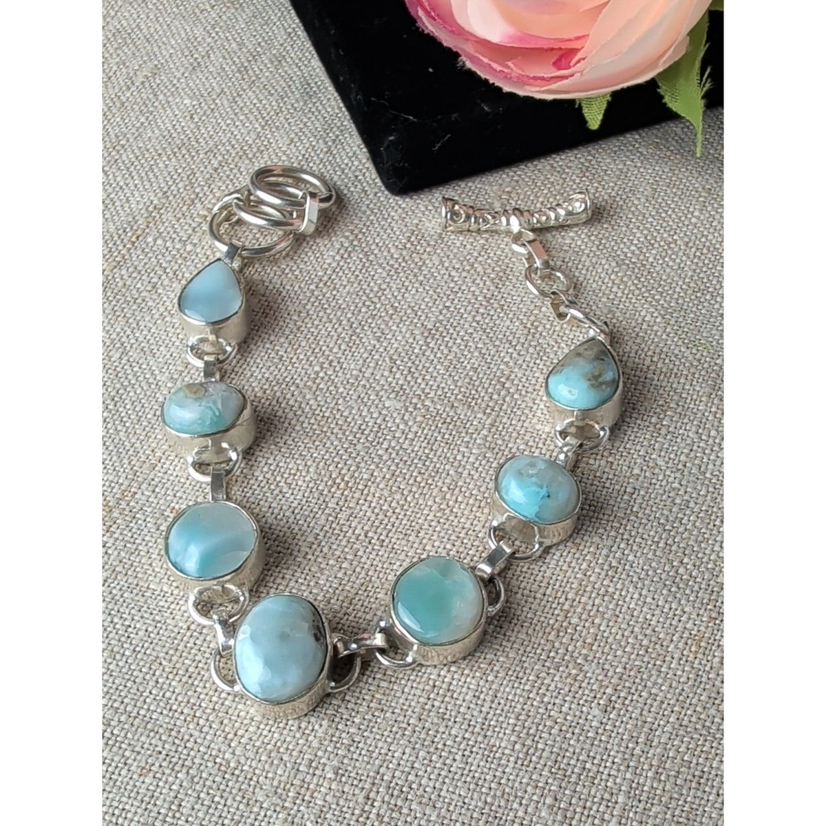 Vintage 925 Sterling Silver Blue Larimar Cabochon Bracelet Ornate Toggle