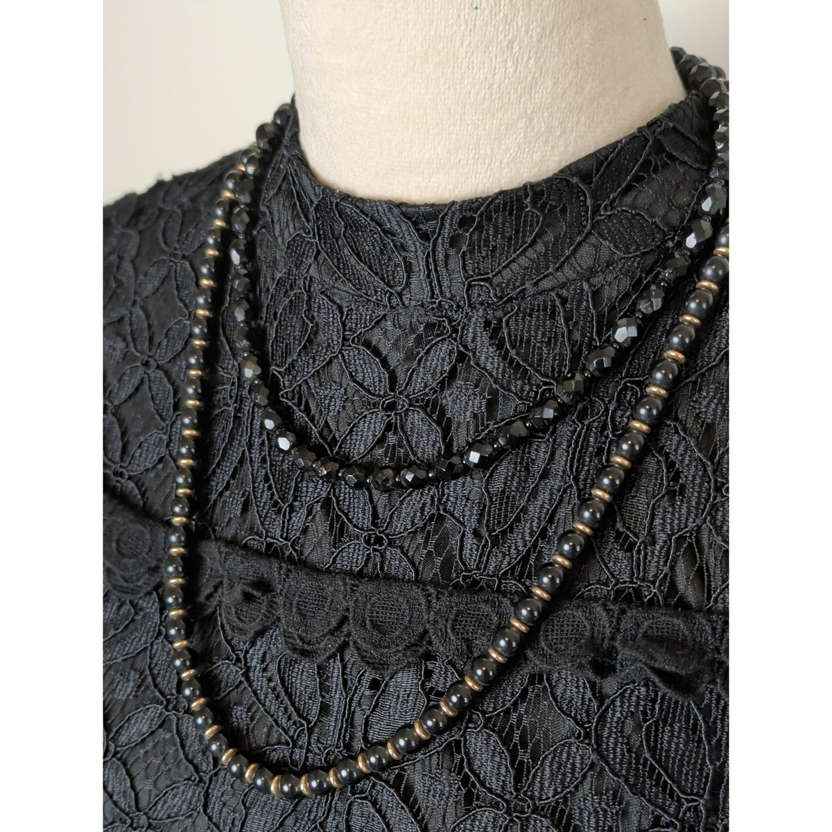 Curated Vintage Black Glass Layering Necklace Set 2 Double Strand Romantic Goth