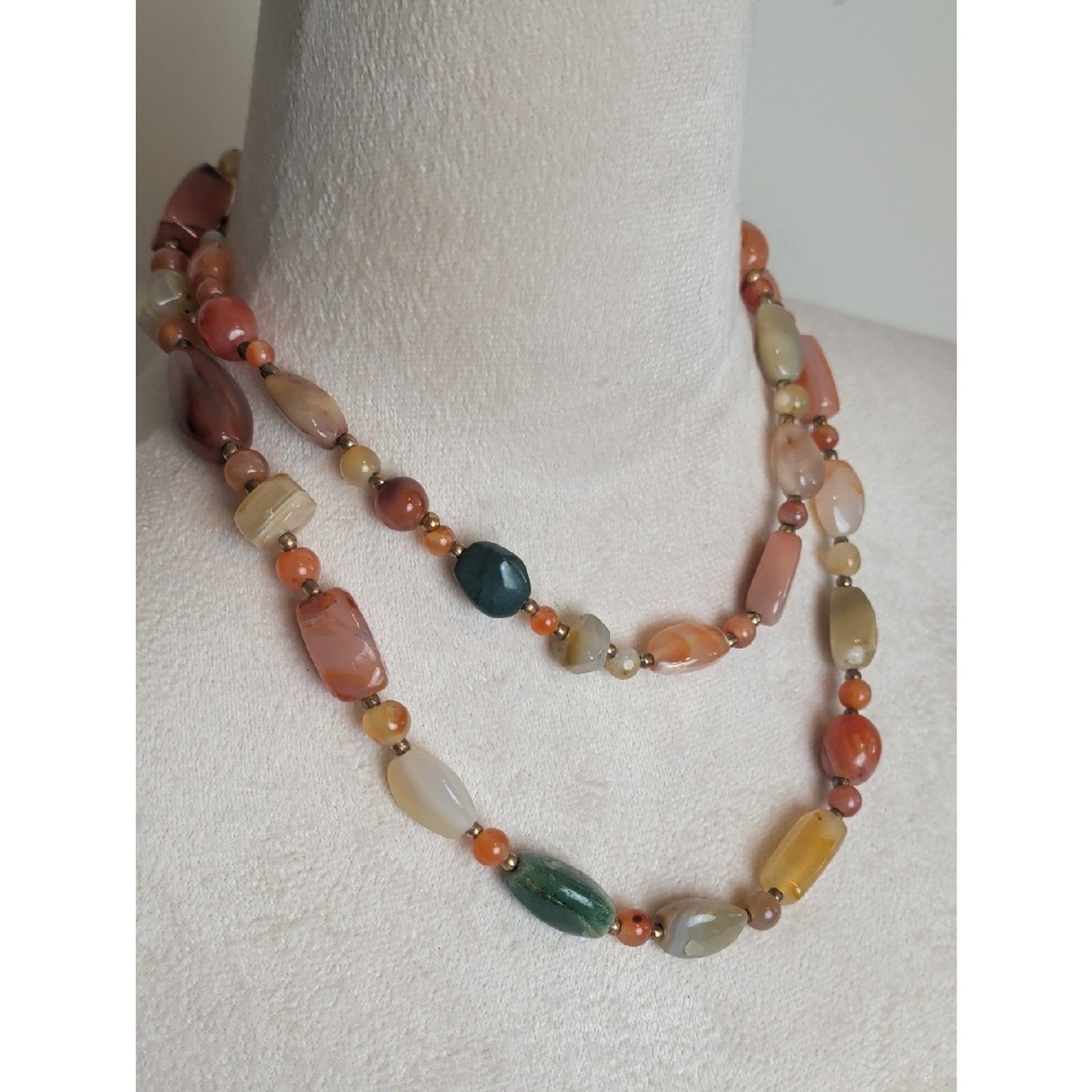 Vintage Natural Stone Beaded Necklace 19" Artisan Agate Aventurine Barrel Clasp
