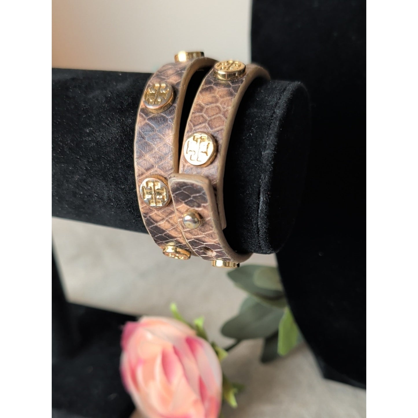 Tory Burch Brown Leather Double-Wrap Bracelet with Gold Studs