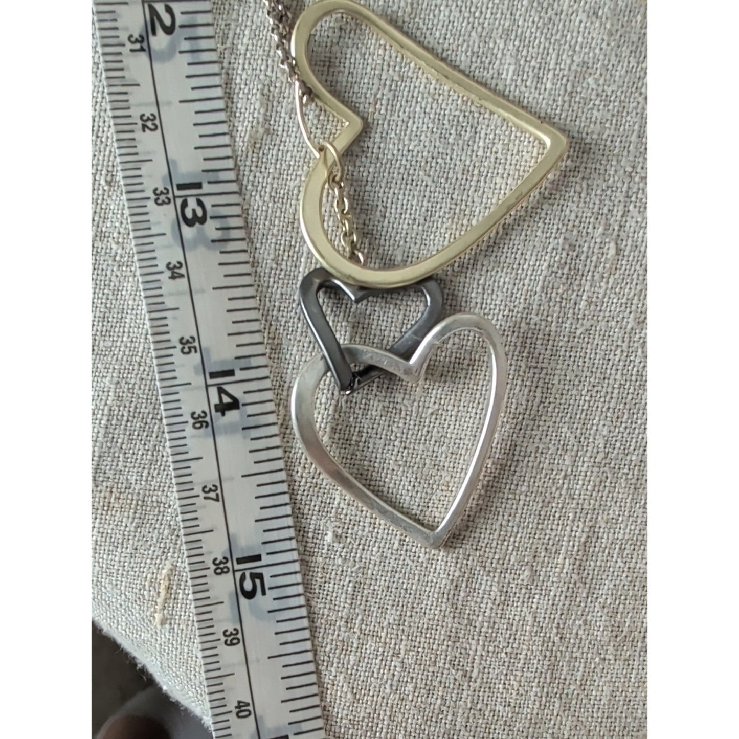 Vintage Fossil Three-Tone Heart Necklace Gold Silver & Gunmetal Hearts Charms