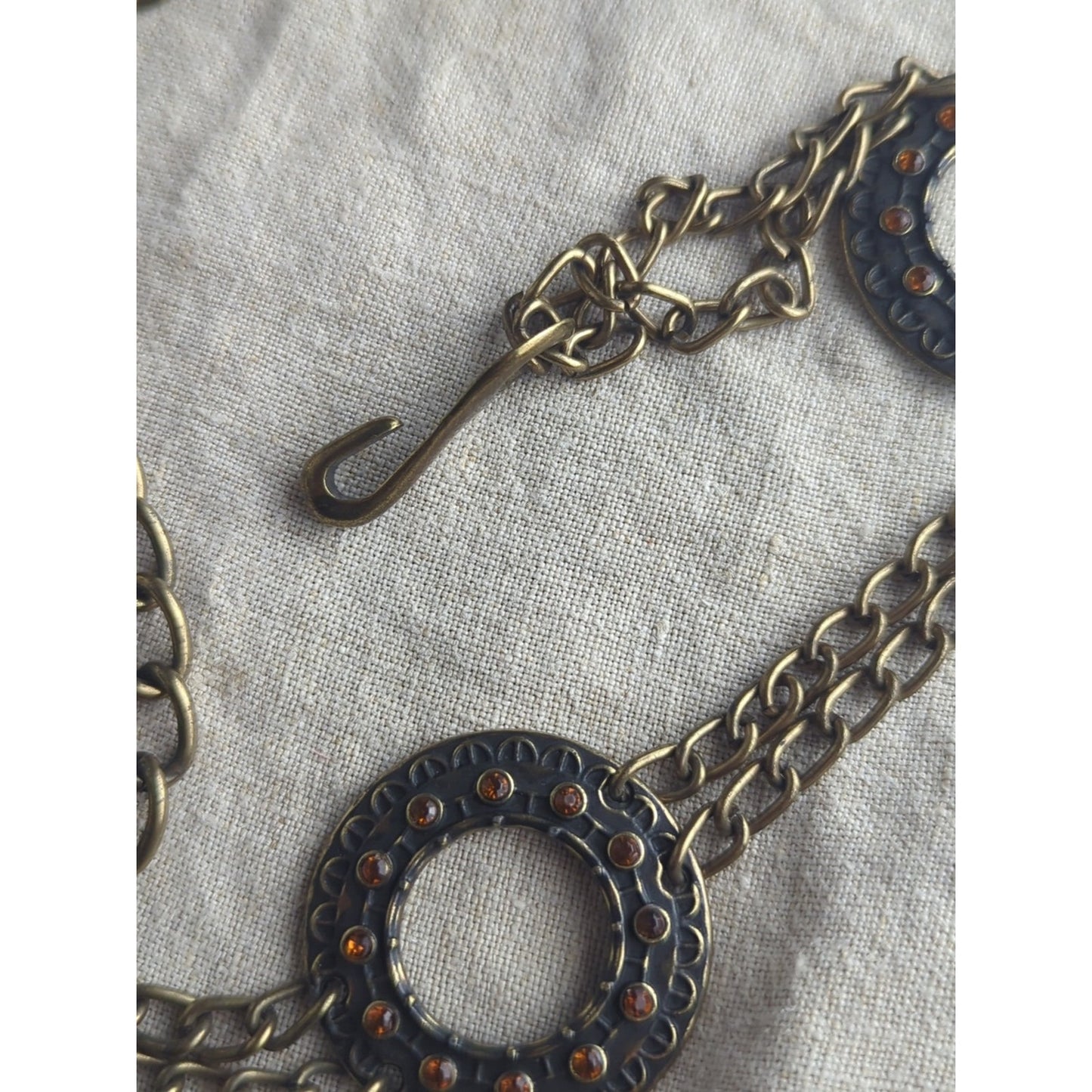 Y2K Double Chain Medallion Belt  Antiqued Brass Tone Boho Western Waist 30"-40"