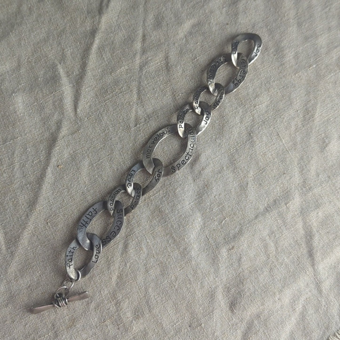 Vintage Pewter-Tone Inspirational Link Bracelet Hand-Stamped Word Jewelry Art